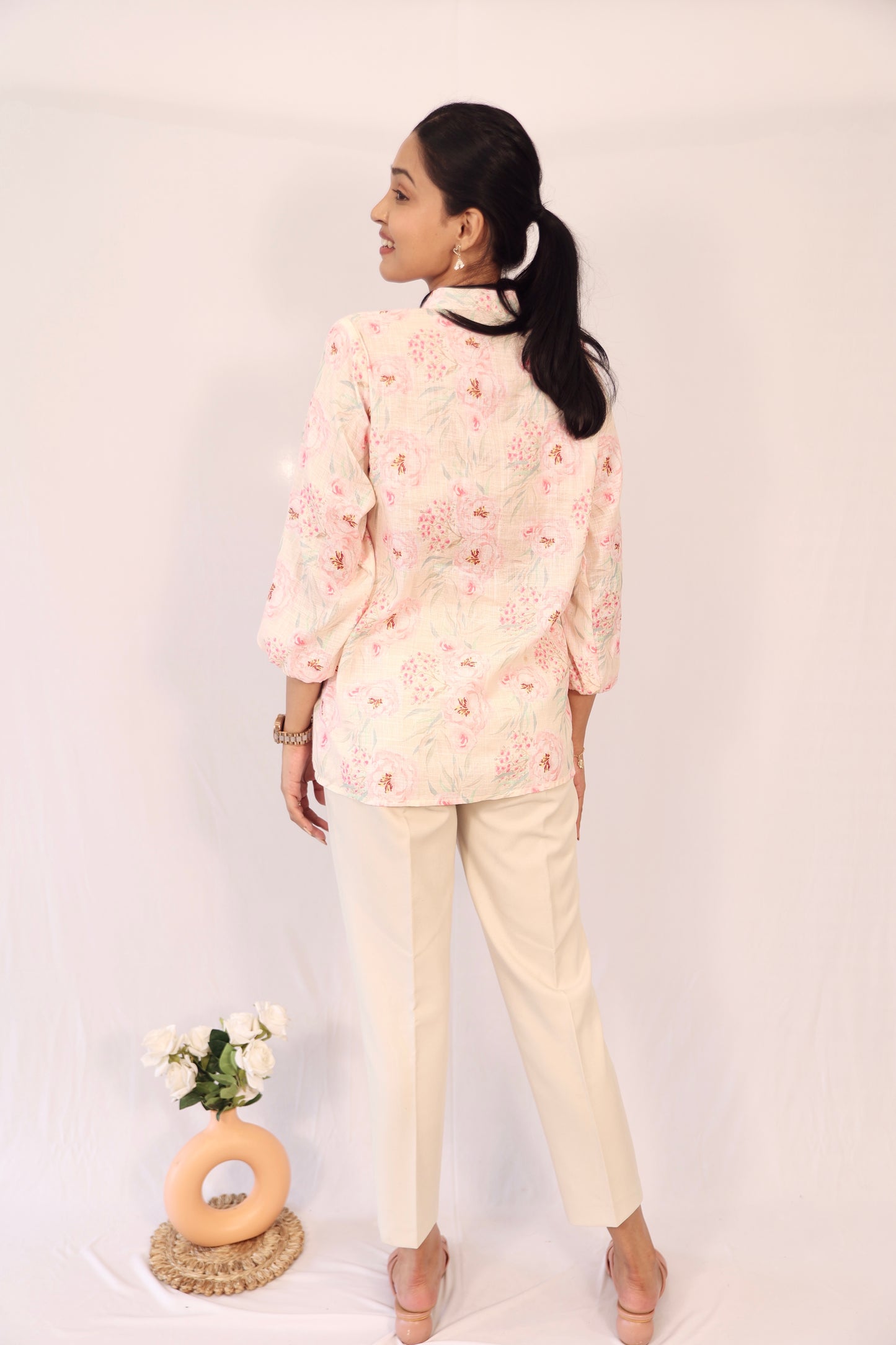 Linen floral frill shirt