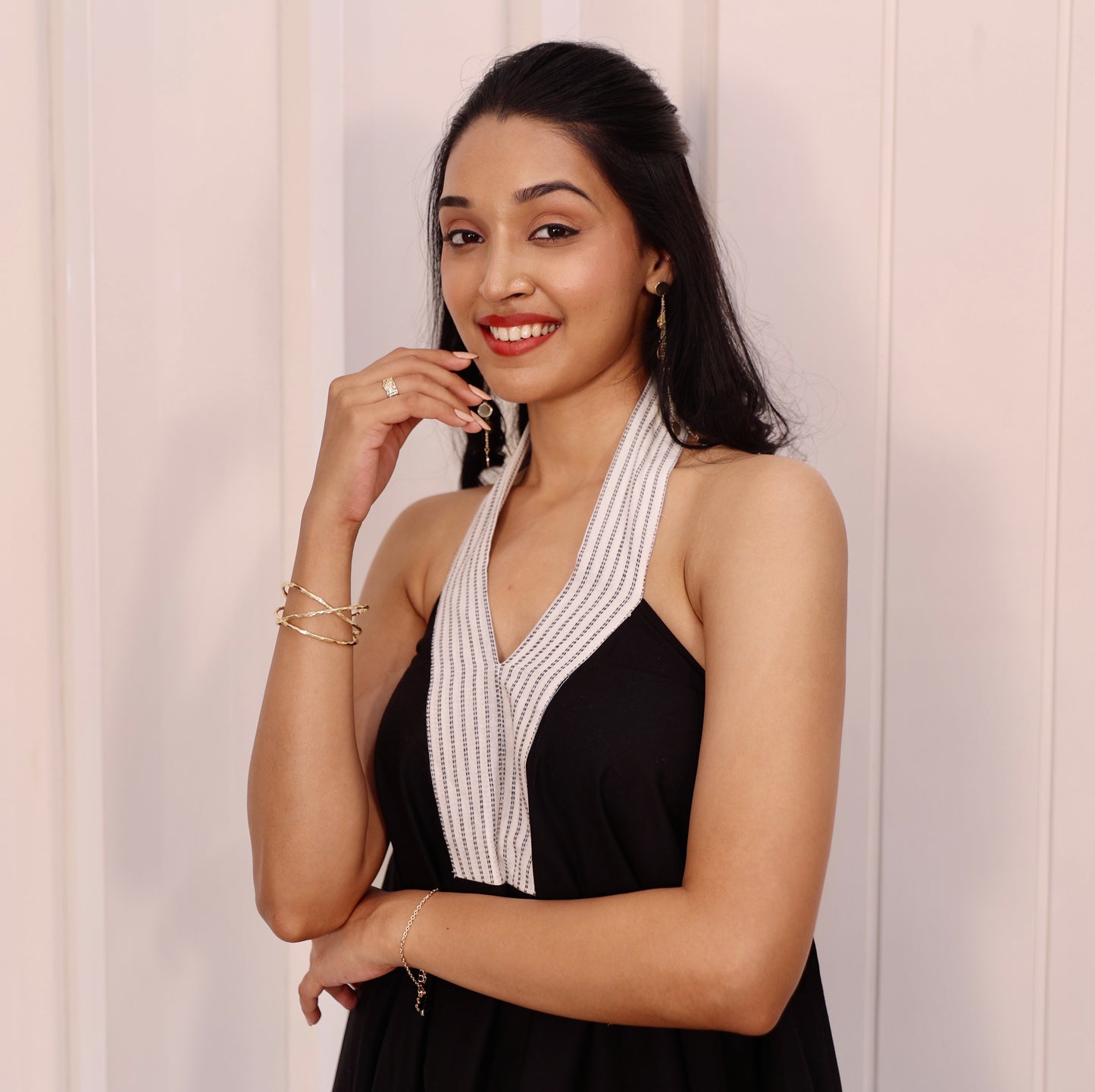 Black and white halter neck dress