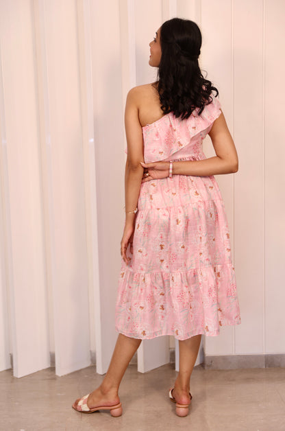 Linen floral one shoulder dress