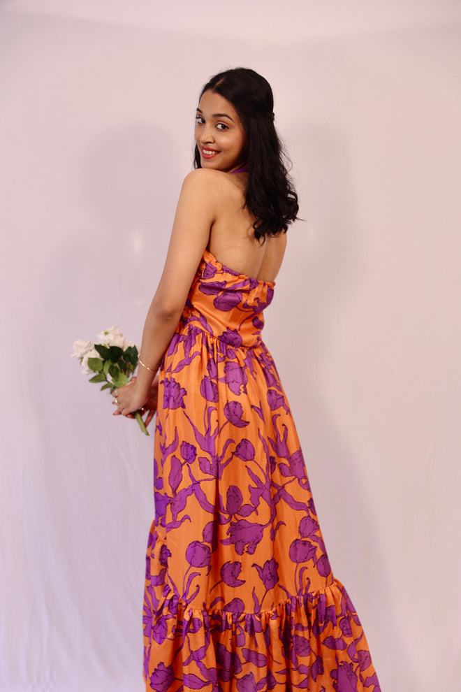 Orange and purple halter neck dress