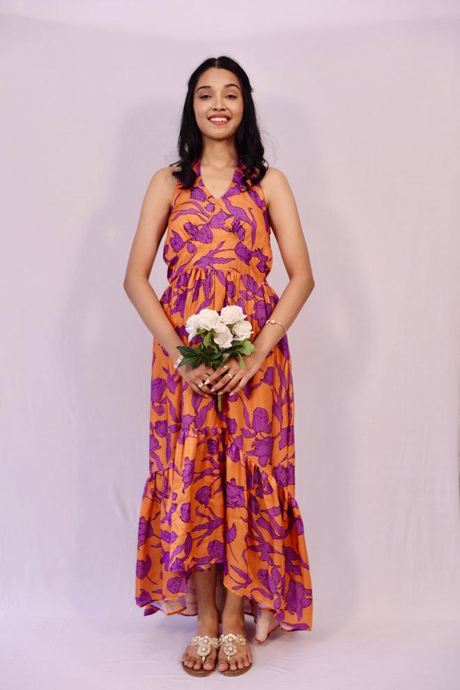 Orange and purple halter neck dress