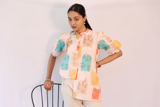 Linen mix print high low shirt