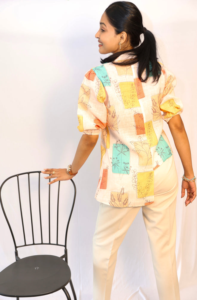 Linen mix print high low shirt