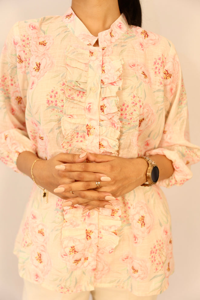 Linen floral frill shirt