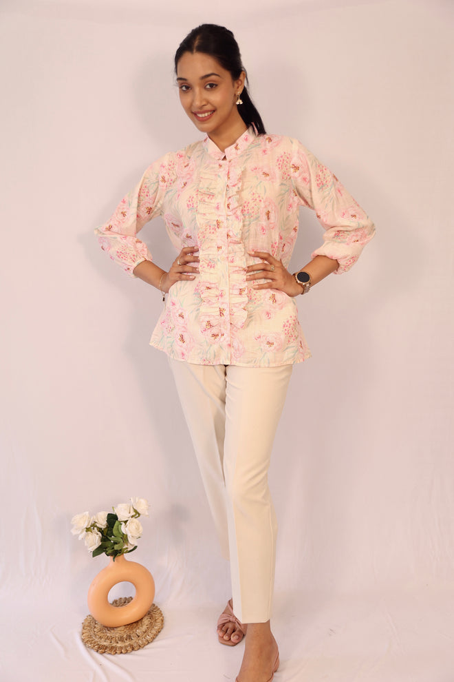 Linen floral frill shirt