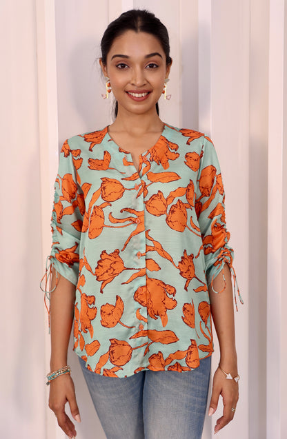 Green and orange floral shirt