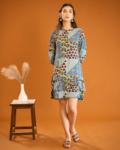 Indigo Mix Print Frill Dress