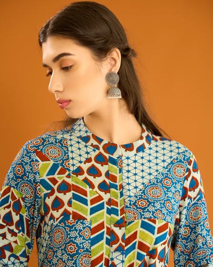 Indigo Mix Print Frill Dress
